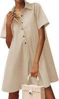 Womens Oversized Shirt Button Mini Dress Short Sleeve Dresses | Casual, Collared,V Neck, Summer,Flowy,Pockets,A-Line,Solid ,Half Button Closure,Office ,Business ,Work,Oversized