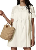 Womens Babydoll Lace Patchwork Mini Dresses Summer Short Sleeve Sundress | Spring, Crewneck, Loose Fit, Mock Neck, Fashion, Cute, Boho, Ruffle Shirt Dress