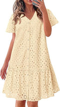 Women Button Down Mini Babydoll | 2026 Summer Short Sleeve Boho Sundress, Loose Fit V Neck Short Dress With Pockets, A Line, Cruise Beach Vacation Outfits