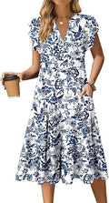 Womens Summer Dress Ruffle Sleeve V Neck Midi Casual Dresses Flowy Tiered Boho Sundress with Pockets