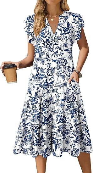 Womens Summer Dress Ruffle Sleeve V Neck Midi Casual Dresses Flowy Tiered Boho Sundress with Pockets